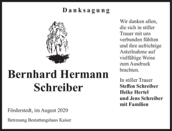 Traueranzeige von Bernhard Hermann Schreiber  von Magdeburger Volksstimme