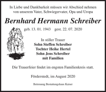 Traueranzeige von Bernhard Hermann Schreiber  von Magdeburger Volksstimme