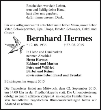 Traueranzeige von Bernhard Hermes  von Magdeburger Volksstimme