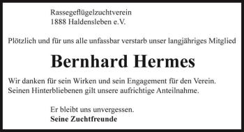 Traueranzeige von Bernhard Hermes  von Magdeburger Volksstimme