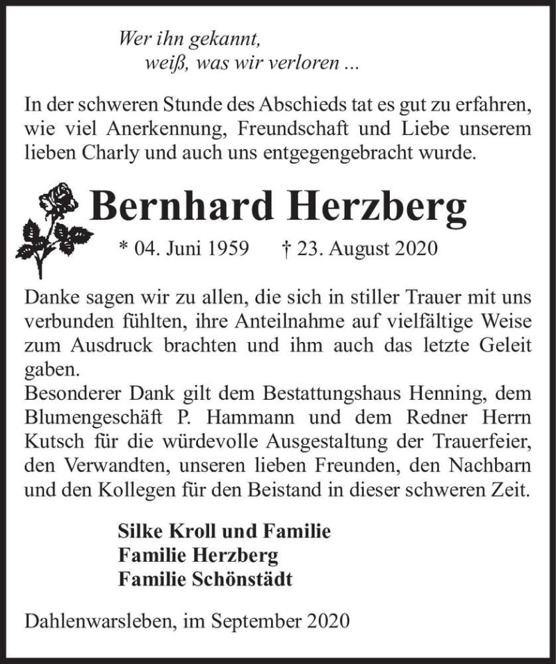  Traueranzeige für Bernhard Herzberg  vom 12.09.2020 aus Magdeburger Volksstimme