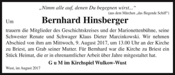 Traueranzeige von Bernhard Hinsberger  von Magdeburger Volksstimme