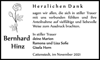 Traueranzeige von Bernhard Hinz  von Magdeburger Volksstimme