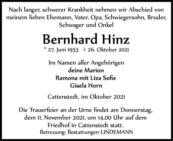Traueranzeige von Bernhard Hinz  von Magdeburger Volksstimme
