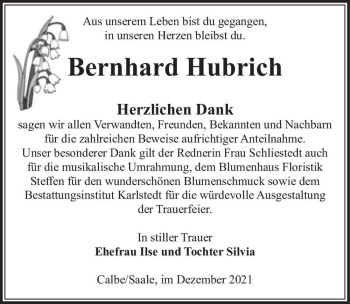 Traueranzeige von Bernhard Hubrich  von Magdeburger Volksstimme