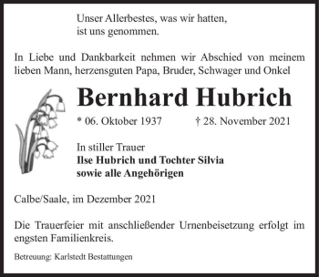 Traueranzeige von Bernhard Hubrich  von Magdeburger Volksstimme