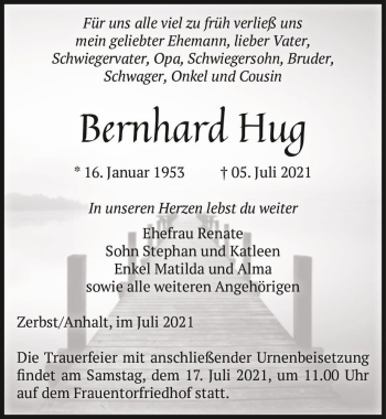 Traueranzeige von Bernhard Hug  von Magdeburger Volksstimme