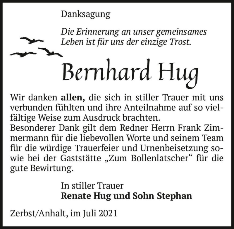  Traueranzeige für Bernhard Hug  vom 24.07.2021 aus Magdeburger Volksstimme