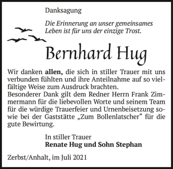 Traueranzeige von Bernhard Hug  von Magdeburger Volksstimme