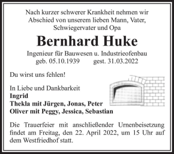 Traueranzeige von Bernhard Huke  von Magdeburger Volksstimme