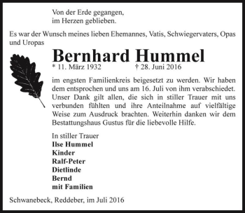 Traueranzeige von Bernhard Hummel  von Magdeburger Volksstimme