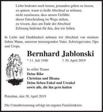 Traueranzeige von Bernhard Jablonski  von Magdeburger Volksstimme