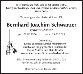 Traueranzeige von Bernhard Joachim 
