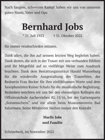 Traueranzeige von Bernhard Jobs  von Magdeburger Volksstimme