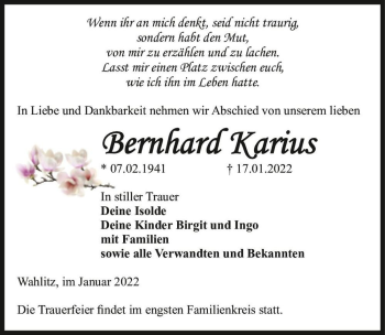 Traueranzeige von Bernhard Karius  von Magdeburger Volksstimme
