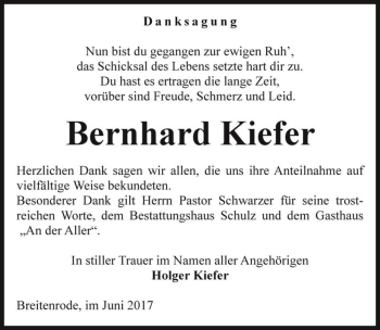 Traueranzeige von Bernhard Kiefer  von Magdeburger Volksstimme