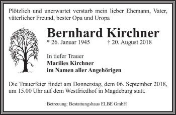 Traueranzeige von Bernhard Kirchner  von Magdeburger Volksstimme