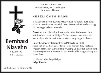 Traueranzeige von Bernhard Klavehn  von Magdeburger Volksstimme