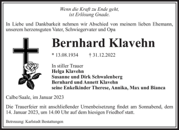 Traueranzeige von Bernhard Klavehn  von Magdeburger Volksstimme