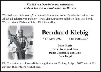 Traueranzeige von Bernhard Klebig  von Magdeburger Volksstimme