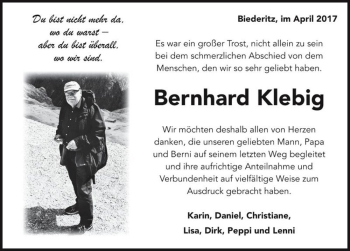 Traueranzeige von Bernhard Klebig  von Magdeburger Volksstimme