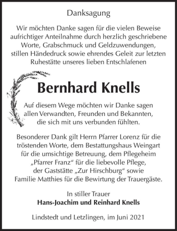 Traueranzeige von Bernhard Knells  von Magdeburger Volksstimme