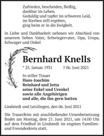 Traueranzeige von Bernhard Knells  von Magdeburger Volksstimme