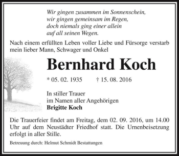 Traueranzeige von Bernhard Koch  von Magdeburger Volksstimme