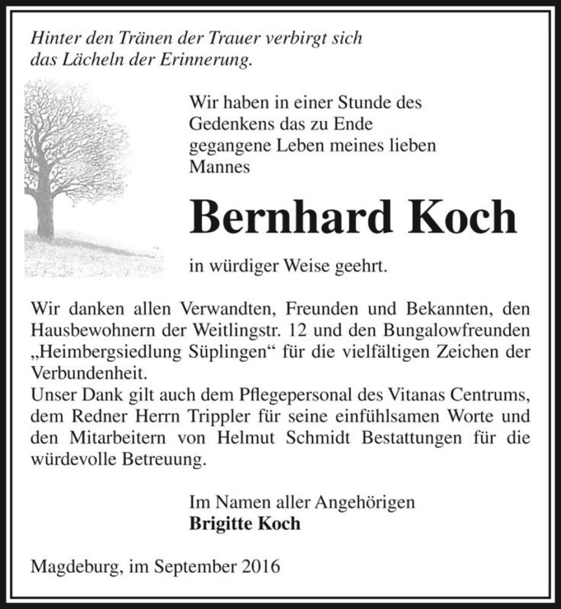  Traueranzeige für Bernhard Koch  vom 10.09.2016 aus Magdeburger Volksstimme