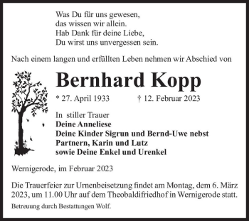 Traueranzeige von Bernhard Kopp  von Magdeburger Volksstimme