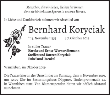 Traueranzeige von Bernhard Koryciak  von Magdeburger Volksstimme