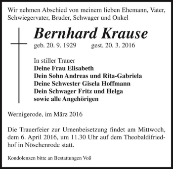 Traueranzeige von Bernhard Krause  von Magdeburger Volksstimme