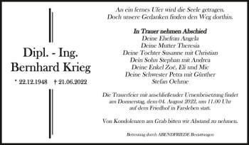 Traueranzeige von Bernhard Krieg  von Magdeburger Volksstimme