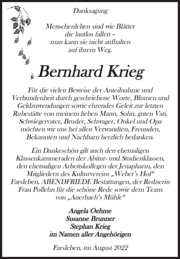 Traueranzeige von Bernhard Krieg  von Magdeburger Volksstimme