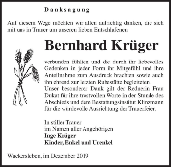 Traueranzeige von Bernhard Krüger  von Magdeburger Volksstimme