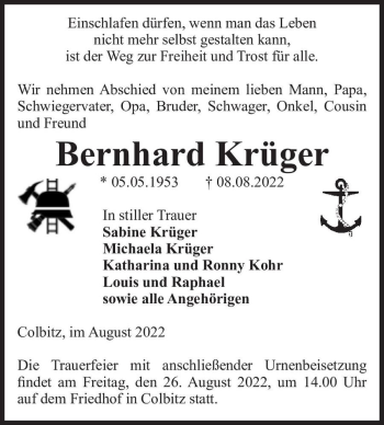 Traueranzeige von Bernhard Krüger  von Magdeburger Volksstimme
