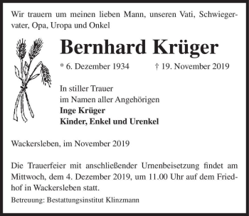 Traueranzeige von Bernhard Krüger  von Magdeburger Volksstimme