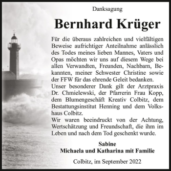 Traueranzeige von Bernhard Krüger  von Magdeburger Volksstimme