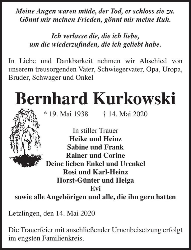  Traueranzeige für Bernhard Kurkowski  vom 19.05.2020 aus Magdeburger Volksstimme