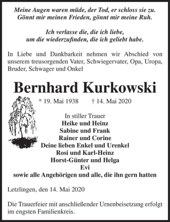 Traueranzeige von Bernhard Kurkowski  von Magdeburger Volksstimme