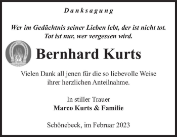Traueranzeige von Bernhard Kurts  von Magdeburger Volksstimme