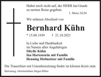 Traueranzeige von Bernhard Kühn  von Magdeburger Volksstimme