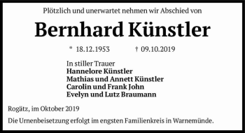 Traueranzeige von Bernhard Künstler  von Magdeburger Volksstimme