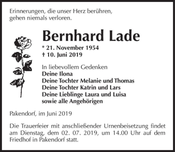 Traueranzeige von Bernhard Lade  von Magdeburger Volksstimme