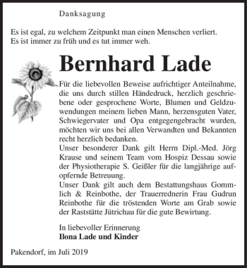 Traueranzeige von Bernhard Lade  von Magdeburger Volksstimme