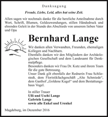 Traueranzeige von Bernhard Lange  von Magdeburger Volksstimme