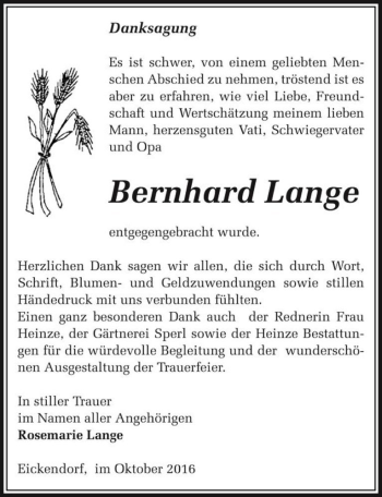 Traueranzeige von Bernhard Lange  von Magdeburger Volksstimme