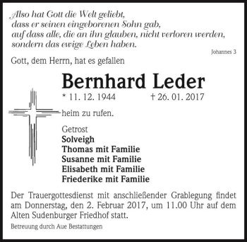 Traueranzeige von Bernhard Leder  von Magdeburger Volksstimme