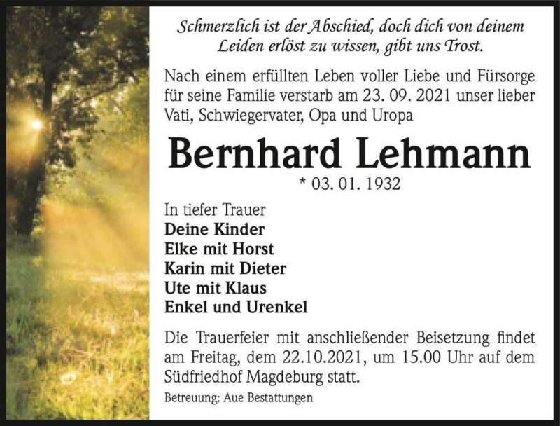  Traueranzeige für Bernhard Lehmann  vom 16.10.2021 aus Magdeburger Volksstimme