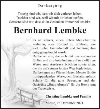 Traueranzeige von Bernhard Lembke  von Magdeburger Volksstimme